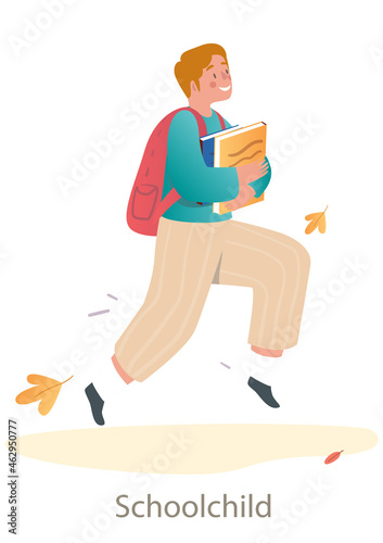 Little smiling boy is running to school on white background. Concept of students and little pupils with books going back to school in autumn. Flat cartoon vector illustration