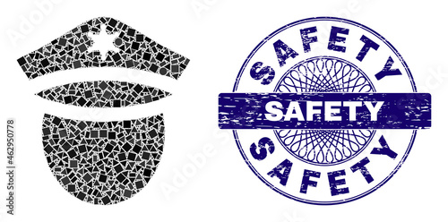 Geometric mosaic police head, and Safety dirty seal print. Blue stamp seal has Safety tag inside circle shape. Vector police head mosaic is designed from different spheric, triangle,