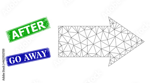 Mesh right direction image, and After blue and green rectangle corroded badges. Polygonal wireframe image based on right direction pictogram. Stamp seals include After caption inside rectangle form.