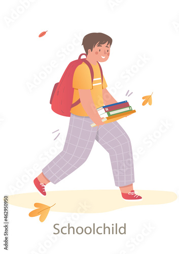 Young smiling schoolchild is walking to school with books and backpack. Students and little pupils with backpacks are going back to school in september. Flat cartoon vector illustration