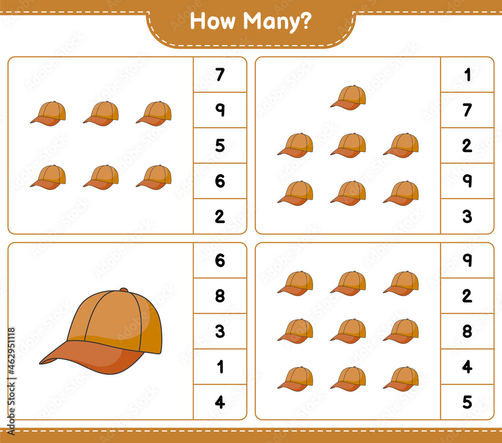 Counting game, how many Cap Hat. Educational children game, printable worksheet, vector illustration