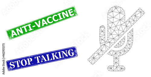 Triangular mute model, and Anti-Vaccine blue and green rectangular textured stamp seals. Polygonal wireframe symbol designed with mute icon.