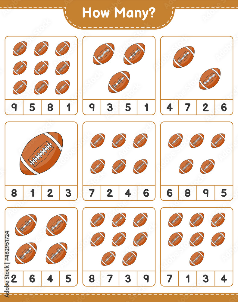 Counting game, how many Rugby Ball. Educational children game, printable worksheet, vector illustration