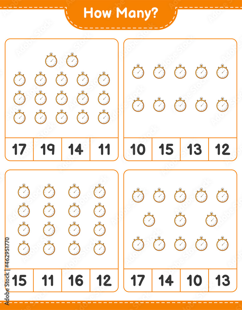Counting game, how many Stopwatch. Educational children game, printable worksheet, vector illustration Counting game, how many Stopwatch. Educational children game, printable worksheet, vector illustration