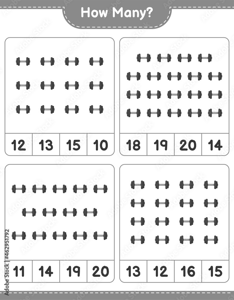 Counting game, how many Dumbbell. Educational children game, printable worksheet, vector illustration Counting game, how many Dumbbell. Educational children game, printable worksheet, vector illustration