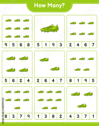Counting game  how many Soccer Shoes. Educational children game  printable worksheet  vector illustration