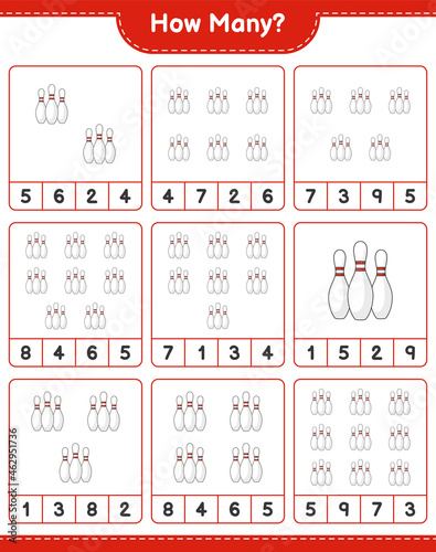 Counting game, how many Bowling Pin. Educational children game, printable worksheet, vector illustration