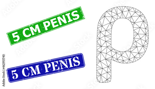 Mesh Rho Greek lowercase symbol model, and 5 Cm Penis blue and green rectangular rubber seals. Mesh wireframe illustration created from Rho Greek lowercase symbol icon.