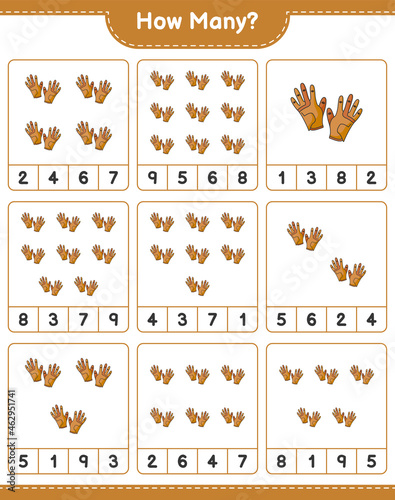 Counting game, how many Golf Gloves. Educational children game, printable worksheet, vector illustration