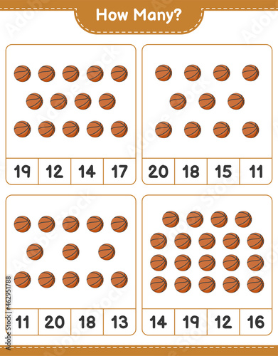 Counting game, how many Basketball. Educational children game, printable worksheet, vector illustration