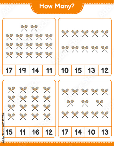 Counting game, how many Badminton Rackets. Educational children game, printable worksheet, vector illustration