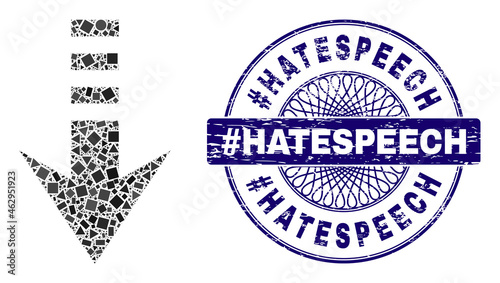 Geometric mosaic send down, and #Hatespeech scratched seal print. Blue stamp seal has #Hatespeech caption inside round form. Vector send down mosaic is formed of different round, triangle,