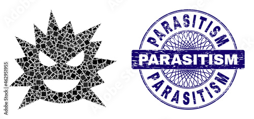Geometric collage virus cell, and Parasitism grunge stamp seal. Violet stamp seal includes Parasitism tag inside round form. Vector virus cell mosaic is constructed from randomized round, triangle,