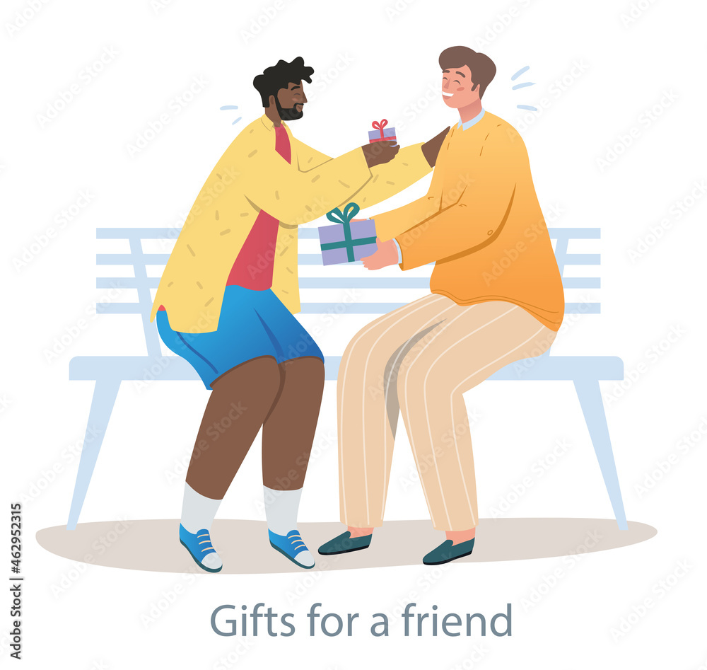 Cheerful man is surprising his best friend with a gift. Two best friends are having good time together. Various people giving and receiving presents. Flat cartoon vector illustration