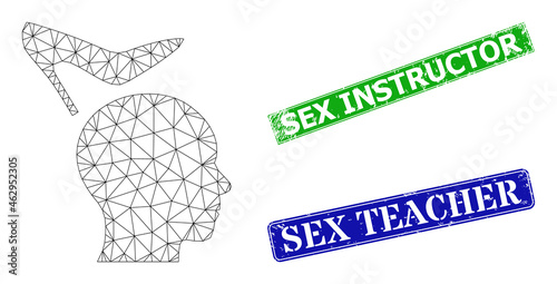 Net female domination image, and Sex Instructor blue and green rectangular rubber stamp seals. Mesh wireframe image is based on female domination pictogram.