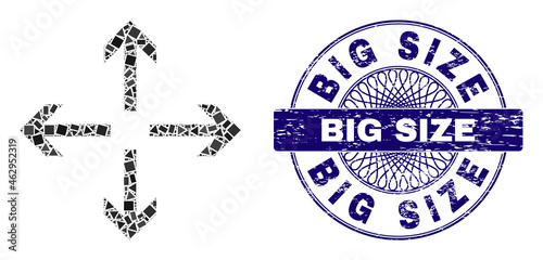Geometric mosaic expand arrows, and Big Size grunge seal imitation. Violet stamp seal includes Big Size caption inside round form. Vector expand arrows mosaic is designed with random round, triangle,