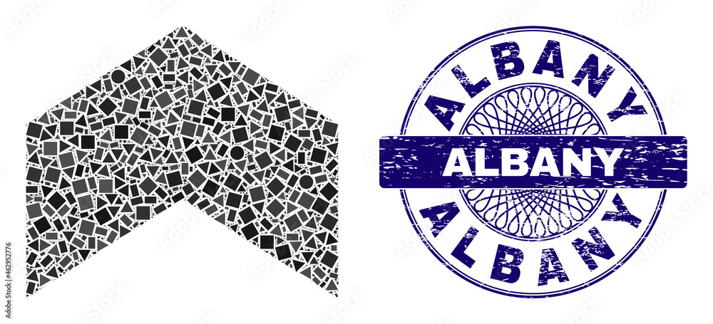 Geometric collage direction up, and Albany corroded seal print. Blue stamp seal contains Albany title inside circle form. Vector direction up collage is created from randomized circle, triangle,