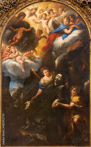 ROME, ITALY - AUGUST 28, 2021: The painting of Stigmatisation of St. Francis of Assisi in the church Chiesa San Paolo alla Regola by Michele Rocca - Parmigianino il Giovane (1671 – 1751).
