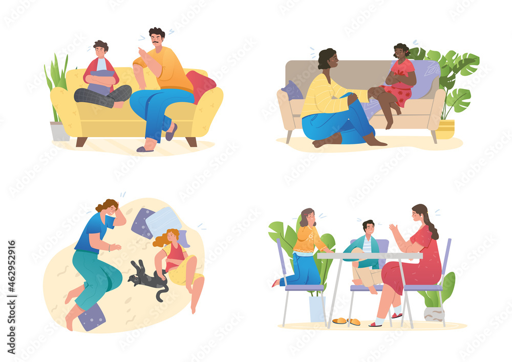 Set with children and parents spending time together at home. Father and mother are talking to son or daughter. Concept of family relations, parenting. Flat cartoon vector illustration Stock Vector | Adobe Set with children and parents spending time together at home. Father and mother are talking to son or daughter. Concept of family relations, parenting. Flat cartoon vector illustration Stock Vector | Adobe
