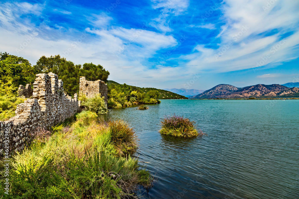 Butrint lake salt lagoon, beautiful summer view from Butrint National Park, the famous UNESCO World Heritage Site in Albania, archeological site in Ksamil not far from Sarande on the south of Albania.