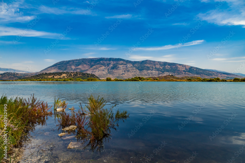 Butrint lake salt lagoon, beautiful summer view from Butrint National Park, the famous UNESCO World Heritage Site in Albania, archeological site in Ksamil not far from Sarande on the south of Albania.