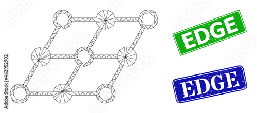 Polygonal inclined grid model, and Edge blue and green rectangular dirty stamp seals. Mesh wireframe symbol designed with inclined grid icon. Stamp seals have Edge text inside rectangular frame.