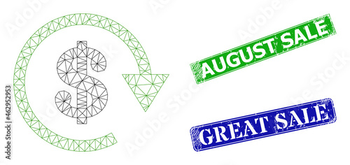 Polygonal dollar repay image, and August Sale blue and green rectangular textured seal prints. Polygonal carcass image is created from dollar repay icon.