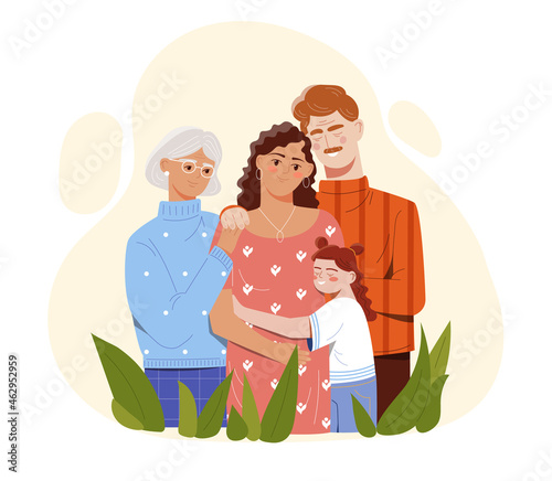 Smiling mother, father, daughter and grandmother are hugging together. Concept of family support and care. Love and trust between woman and her parents. Flat cartoon vector illustration