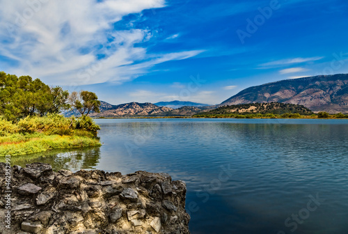 Butrint lake salt lagoon, beautiful summer view from Butrint National Park, the famous UNESCO World Heritage Site in Albania, archeological site in Ksamil not far from Sarande on the south of Albania. photo