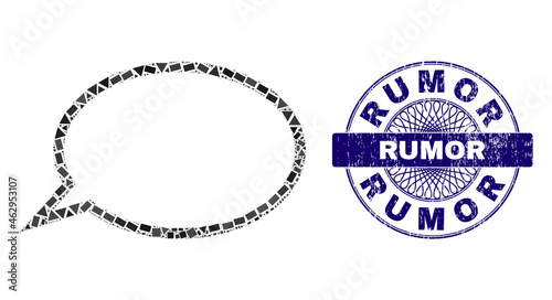 Geometric mosaic hint cloud, and Rumor grunge stamp. Blue stamp has Rumor tag inside circle shape. Vector hint cloud mosaic is constructed from different circle, triangle, rectangle parts.