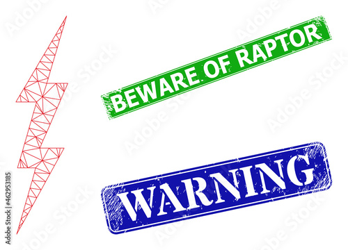 Polygonal electrical bolt model, and Beware of Raptor blue and green rectangular textured badges. Polygonal carcass image based on electrical bolt pictogram.