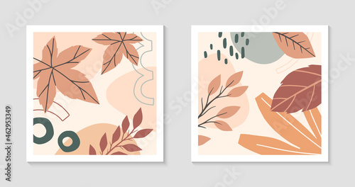 Set of autumn abstract decorative prints with organic various shapes,maple foliage.Moderm seasonal design.Universal artistic banners.Trendy fall vector illustrations.