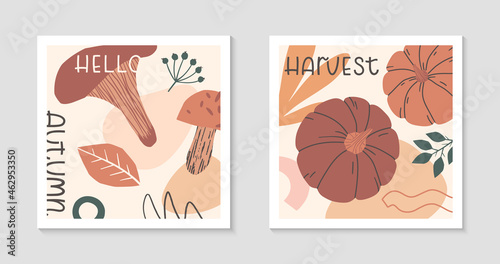 Set of autumn harvest fest abstract decorative prints with pumpkins,organic various shapes and lettering.Modern local food fest design.Agricultural fair.Trendy fall seasonal vector illustrations.