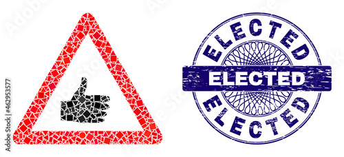 Geometric collage thumb up warning, and Elected unclean watermark. Violet stamp seal includes Elected title inside round shape. Vector thumb up warning collage is constructed from random round,