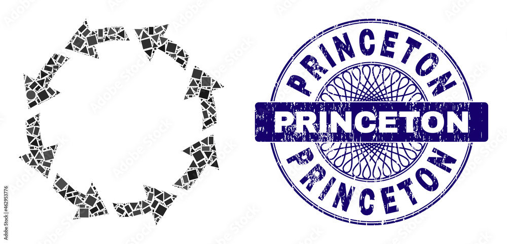 Fototapeta premium Geometric collage rotate ccw, and Princeton rubber seal print. Violet seal has Princeton title inside round form. Vector rotate ccw collage is formed with different spheric, triangle, rectangle items.