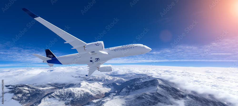 Blue Hydrogen filled H2 Aeroplane flying in the sky - future H2 energy concept. - obrazy, fototapety, plakaty 