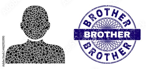 Geometric mosaic man person, and Brother corroded stamp seal. Violet stamp seal contains Brother caption inside circle shape. Vector man person mosaic is constructed with different circle, triangle,