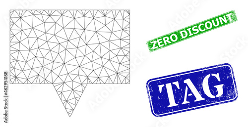 Polygonal banner image, and Zero Discount blue and green rectangle dirty watermarks. Polygonal carcass symbol is based on banner pictogram. Stamps include Zero Discount title inside rectangle shape.