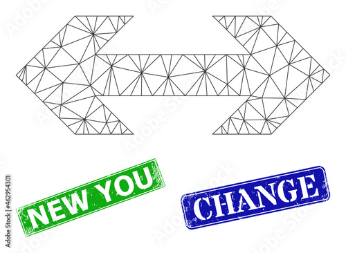 Polygonal exchange arrow image, and New You blue and green rectangular corroded seal imitations. Polygonal wireframe image based on exchange arrow pictogram.