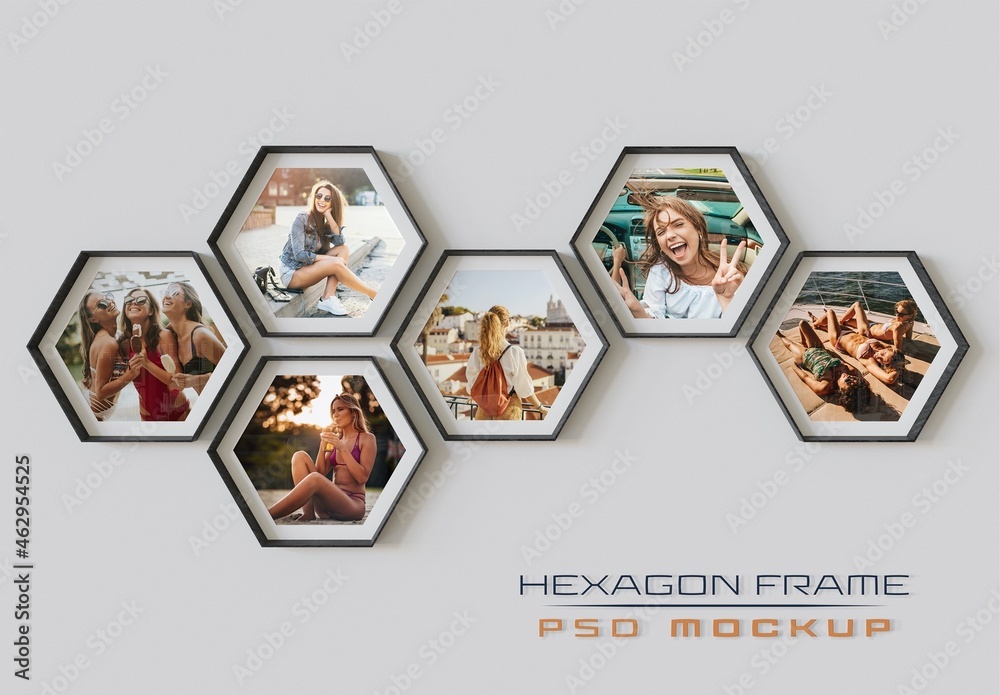 Hexagon Photo Frames Mockup Hanging on Wall Stock Template Adobe Stock