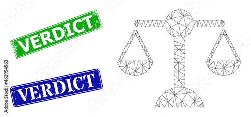 Mesh equilibrium weight model, and Verdict blue and green rectangular grunge stamp seals. Mesh carcass symbol based on equilibrium weight icon. Stamp seals contain Verdict text inside rectangle frame.