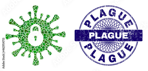 Geometric collage infection lockdown, and Plague scratched stamp seal. Violet stamp seal includes Plague tag inside round shape. Vector infection lockdown mosaic is designed from different round,