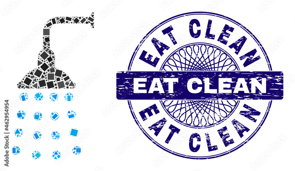 Geometric collage shower, and Eat Clean dirty seal. Blue seal has Eat ...