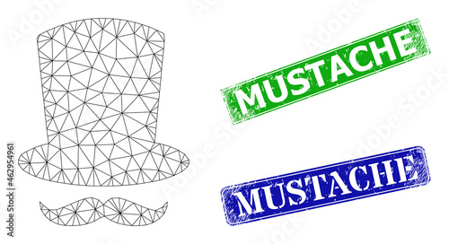 Polygonal gentleman mustache image, and Mustache blue and green rectangle rubber watermarks. Polygonal carcass image designed with gentleman mustache icon.