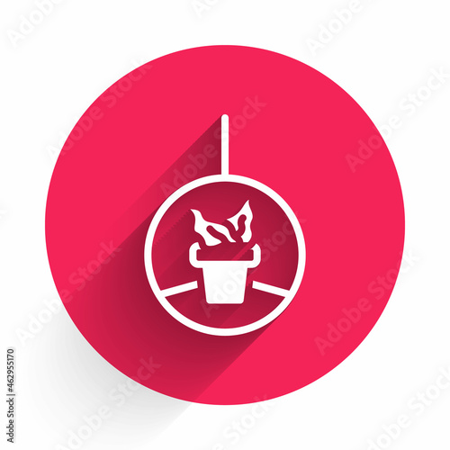 White Plant in hanging pot icon isolated with long shadow. Decorative macrame handmade hangers for flower pot, hang indoor plants. Red circle button. Vector