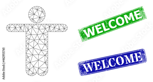 Mesh welcome man model, and Welcome blue and green rectangular textured badges. Mesh carcass illustration designed with welcome man pictogram.