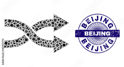 Geometric collage shuffle arrows right, and Beijing rubber stamp seal. Blue stamp seal includes Beijing caption inside round shape. Vector shuffle arrows right mosaic is designed from different round,