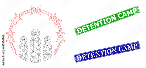 Mesh totalitarism model, and Detention Camp blue and green rectangular grunge seal prints. Mesh carcass image designed with totalitarism icon.