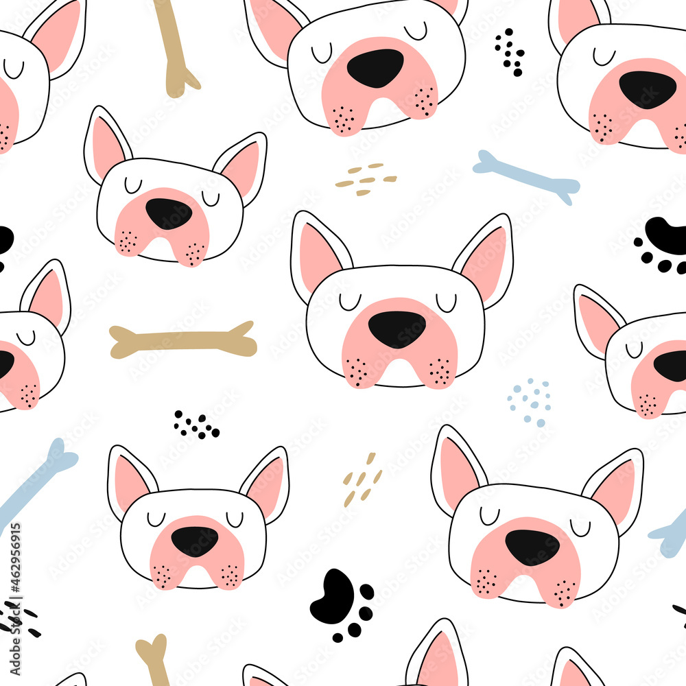 Fototapeta premium Seamless pattern with funny dog faces in hand drawn style. Great for textiles, stickers, cards, poster, wallpaper, wrapping paper. Isolated on white background vector illustration