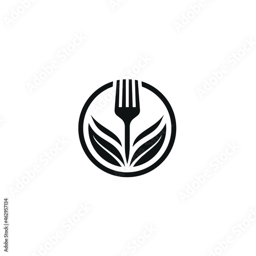 Natural Leaf Plant Fork Logo, Circle Symbol, Healthy Food Vector Concept 